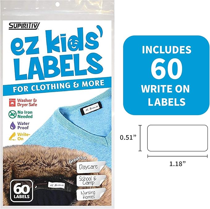 Ez Kids Clothing Labels Self-Stick No-Iron Write-On | Great for Children & Adults | Washer & Dryer Safe | School, Camp, Nursing Care, Toys, Organizing, All Purpose (60-Pack)