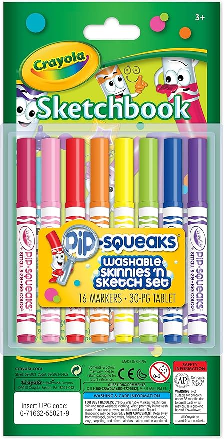 Crayola Washable Pip Squeaks Skinnies & Sketch Set, 16 Markers & 30 Pages