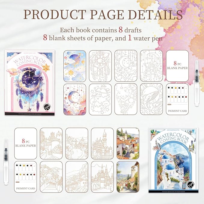 NaTuGi 2Pac Watercolor Workbook for Adults,Watercolor Coloring Book,Portable Watercolor Painting Books,Creative Stress Relief Kit,Suitable for Beginners Birthday Gift (Dreams and Architecture)
