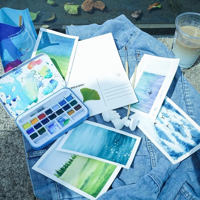 AUREUO Blue Watercolor Set - Marine Ocean Watercolor Paint Set with Brushes, Watercolor Postcards, Masking Pen, Tote Bag - Water Color Painting Kit for Adults, Beginners, Professional