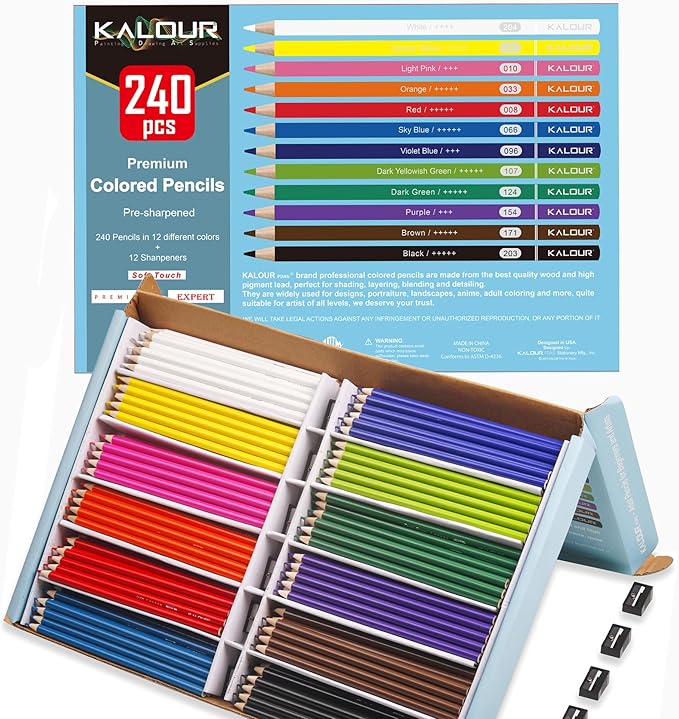 KALOUR Premium Colored Pencils Bulk,12 Assorted Vibrant Colors,240 Count Total,School Classroom Supplies For Kids Teachers,Pre-sharpened Artists Colored Pencils for Adult Coloring Book