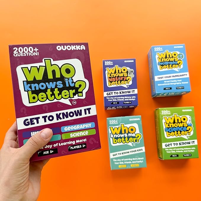 Board Games for Kids 8-12 – Set of 4 Family Card Games for Kids and Adults – Trivia Cards for Family Game Night – Who Knows It Better – 2000+ Questions History, Geography, Science – Fun Card Game