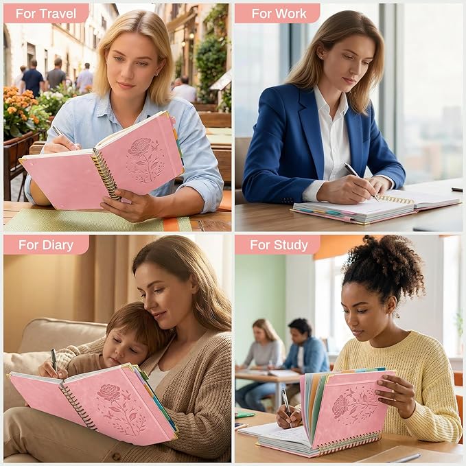Hardcover Spiral Notebook with 5 Removable Dividers Tabs 300 Pages Leather 5 Subject Notebook College Ruled 8"x10" Large B5 Notebooks for Work School Note taking Lined Journal for Women, Pink
