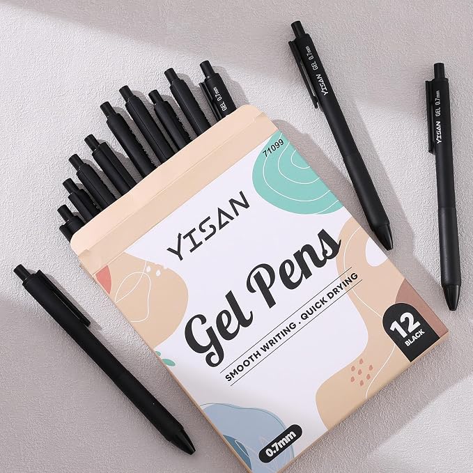 YISAN Black Gel Pens 12 Pack,Black Ink Pens Fine Tip 0.7 mm,Journal Pens Fast Dry,Retractable,Smooth Writing for Journaling and Note Taking,71099