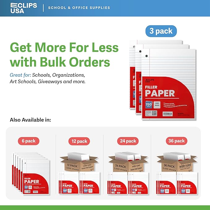 Wide Ruled Loose Leaf Paper Wide Ruled Notebook Paper Lined Writing Filler Paper 10.5” x 8” 56 gsm 450 Sheets 150 Sheet Per Pack (3 Pack)