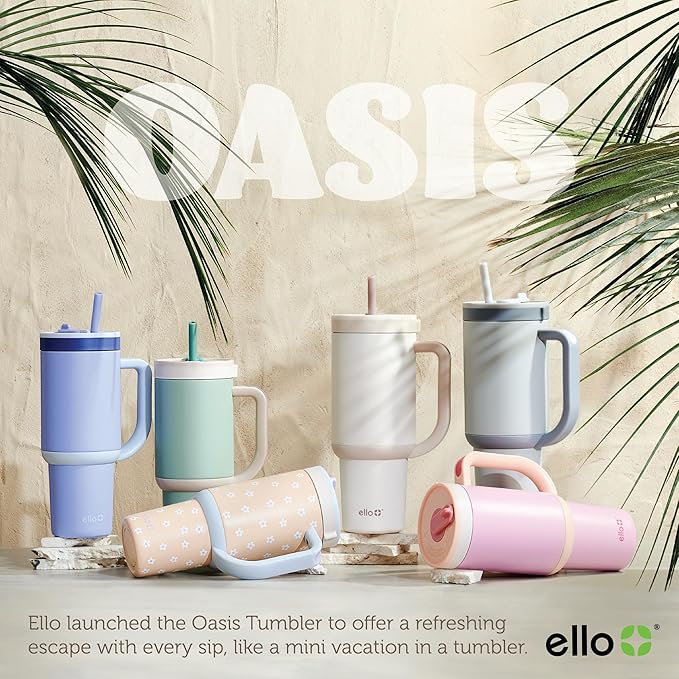 Ello Oasis 40 oz Tumbler with Handle & Retracting Straw | Reusable Insulated Stainless Steel Cup 100% Leakproof, Gifts for Teens Women Men | Keeps cold for 24 Hours, Cup Holder Friendly, Cream Tonal