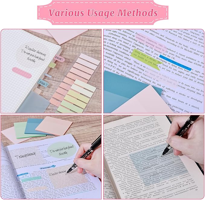1100 Sheets Transparent Sticky Notes, Clear Waterproof 3 x 3 Sticky Notes with Pen, Translucent See-Though Note Tabs for Bible Study Book Annotation Kitchen Reminder (Pink)
