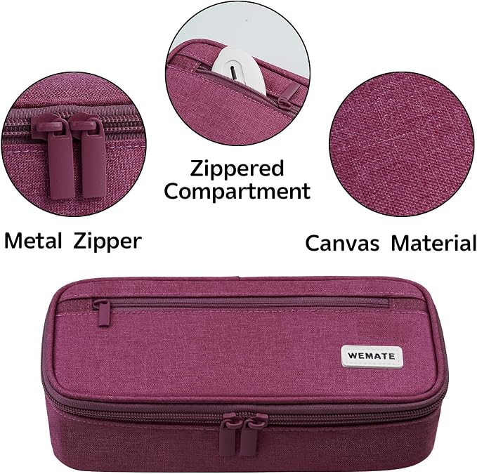 WEMATE Pencil Case, Large Capacity Pencil Pouch, Big Storage Organizer | for Stationery, Zipper Pen Bag, Travel Pen Box, Office Organizer Makeup Bag, for Men Women Purple Red