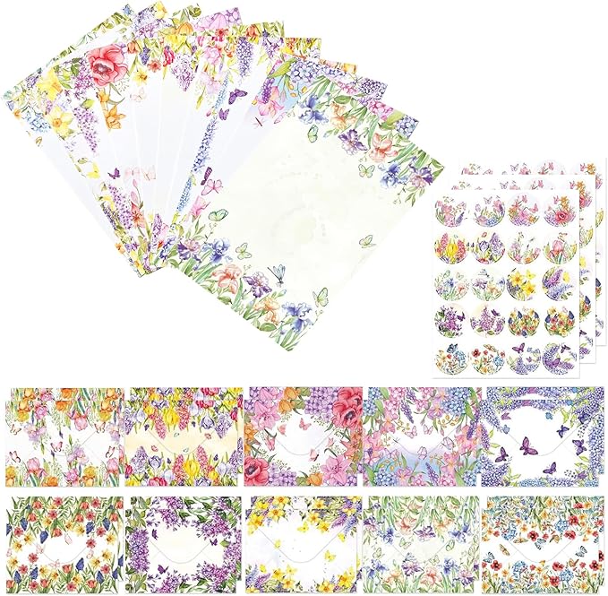 160 Pcs Stationery Paper Envelopes Set Includes 50 Writing Paper & 50 Envelopes with 60 Round Stickers, Cute Lovely Floral Letter Writing and Stationery Paper Envelopes for Girls Boy Office(10Style)