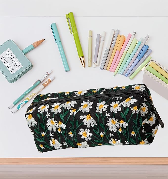 Carry bloom Pencil Pouch Cute Pencil Case for Girls Aesthetic Pencil Bag with Zipper Pen Cases School Supplies Makeup Bag (5 floral daisy)