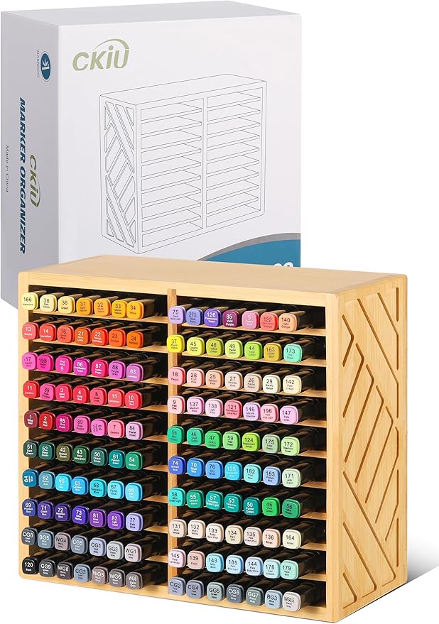 Bamboo Marker Organizer for Desk, Marker Storage Organizer for 140 Markers,Pens, Pencils and Art Brushes,Wooden marker holder for Home, Classroom and Office Decor,Bamboo
