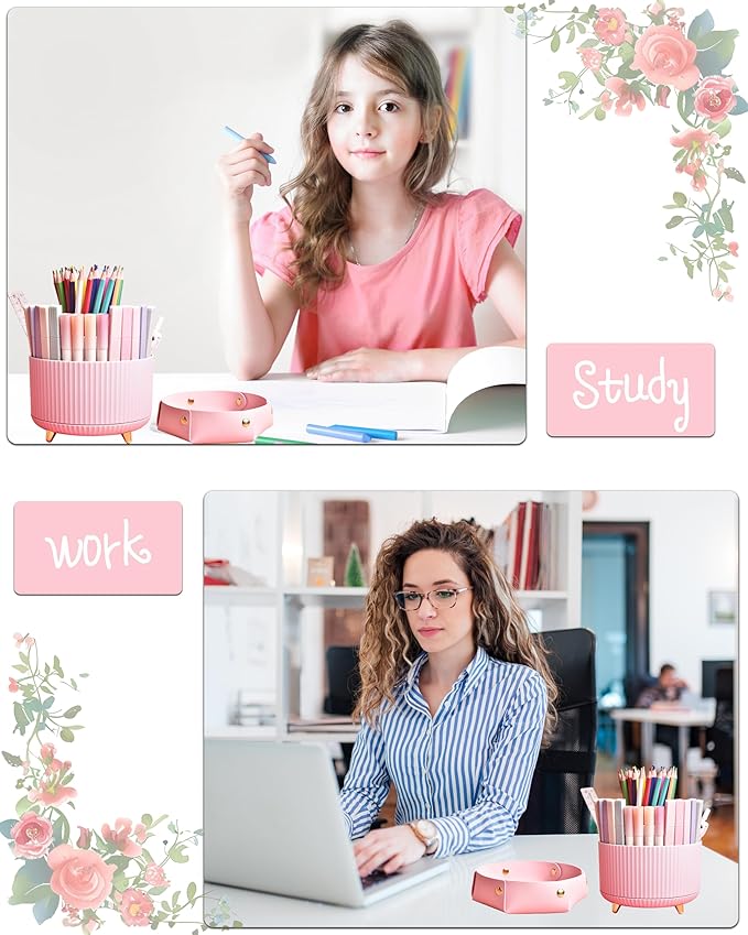 LXEVIHK Pink Desk Accessories, 20Pc Office Supplies and 360°Pen Holder Desk Organizers, With Tape Dispenser, Stapler, Staple Remover, Ect, Let the Color Pink Fill Your Desktop