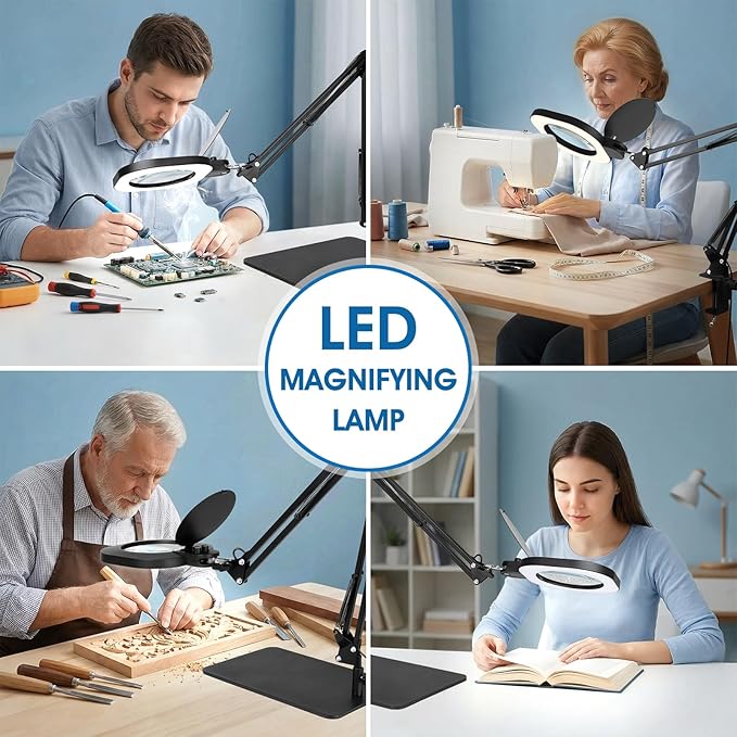 LIONVISON 10X Magnifying Glass with Light and Stand:27 Inch Extra Long Arm Magnifying Lamp, Stepless Dimmable & Color Temperature LED Lighted Magnifier, Clamp Magnifier for Reading Crafts Close Work