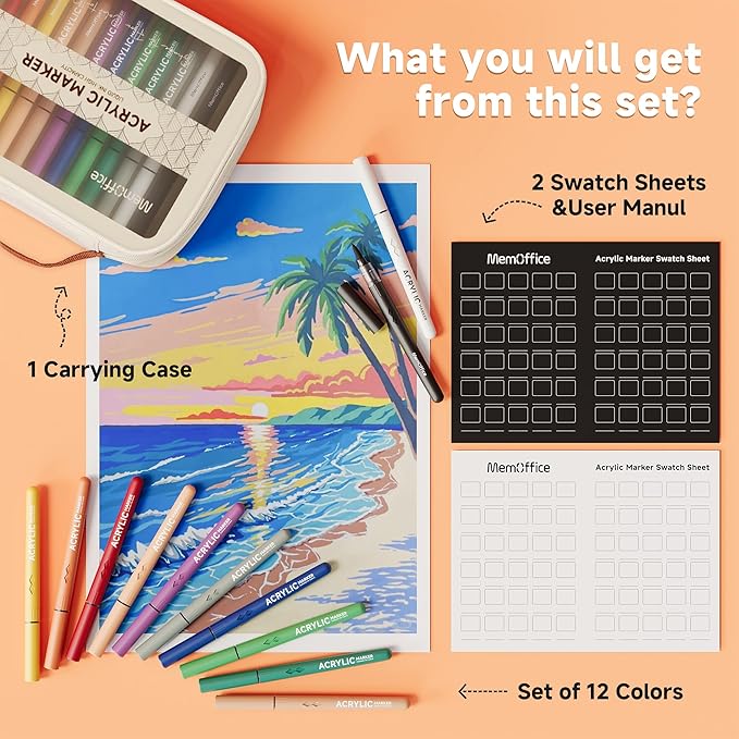 MemOffice Direct Liquid Acrylic Paint Markers, 12 Colors Brush Tip Pens with Carrying Case, No Bleed, Waterproof, for Rock, Wood, Canvas, Glass, Fabric, DIY Crafts for Adults