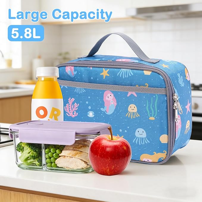 FlowFly Kids Lunch box Insulated Soft Bag Mini Cooler Back to School Thermal Meal Tote Kit for Girls, Boys, Mermaid