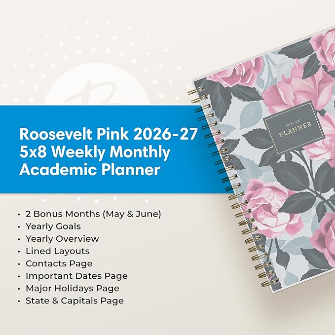 Blue Sky 2026-2027 Weekly and Monthly Academic Year Planner Calendar, July 2026 - June 2027, 5" x 8", Flexible Cover, Wirebound, Laminated Tabs, Roosevelt Pink