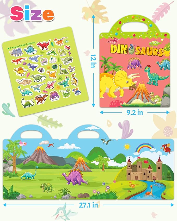 Benresive Reusable Sticker Book for Toddlers, Travel Stickers for Kids, Toddler Crafts Activities Toys, Birthday Gifts for Boys & Girls - Dinosaurs