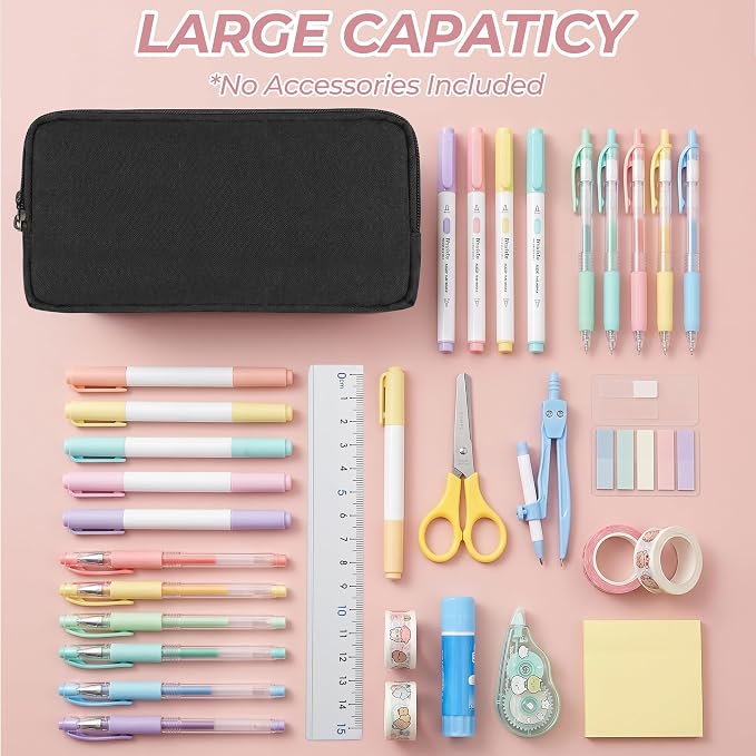 Della Gao Large Pencil Case, Big Capacity Pencil Pouch with 2 Compartments | Office Pencil Bag with Zipper, Big Pen Case for Adults (01-Black)