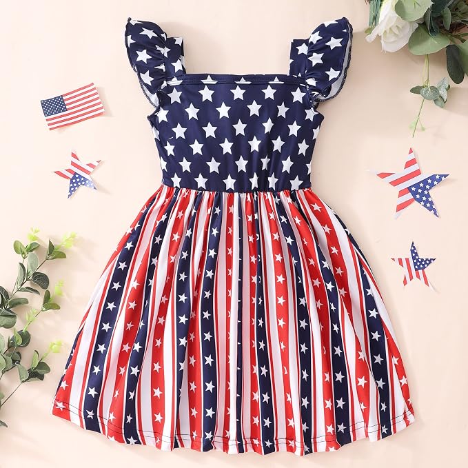 Popshion Girls Dresses Flutter Sleeve Swing Sundress Toddler Summer Clothes Kid Birthday Party Sleeveless Dress 1-8 Years Old