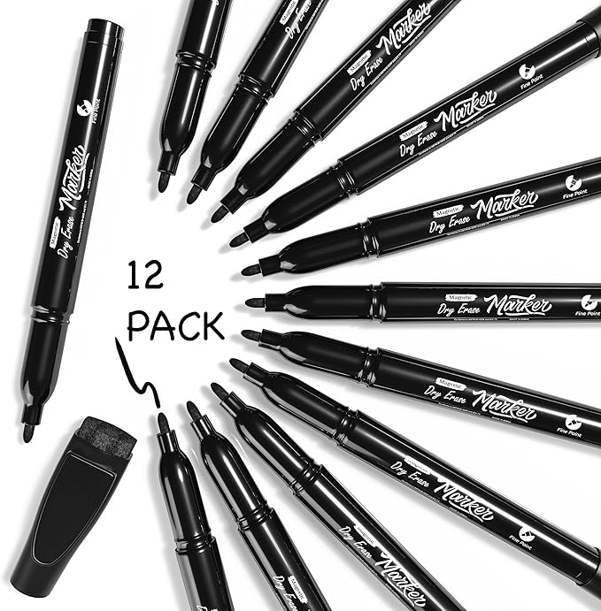 Scribbledo 12 Pack Magnetic Dry Erase Markers Black Fine Tip Whiteboard Markers with Eraser Cap Thin Low Odor Skinny White Board Markers for Adults Students Teachers Art Home School & Office
