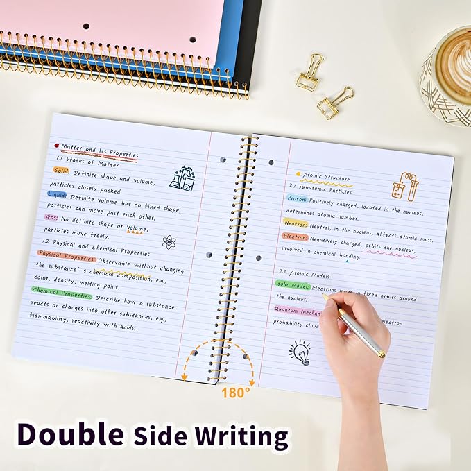 Spiral Notebook College Ruled Paper 8" x 10-1/2", 1 Subject Spiral Notebook 80GSM Paper, 3-Hole Punched Perforated Pages Ideal for School, Office, Writing, 75 Sheets Lined Journaling Notebook, Black