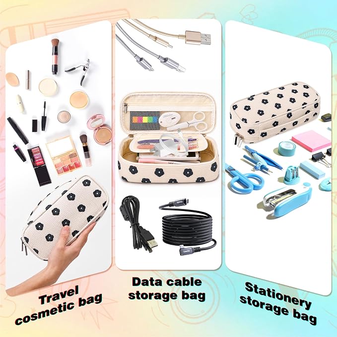 Big Capacity Pencil case,Soft Corduroy Pencil Bag,Cute Pen Case with Handle,5 Compartments, Wide Opening Pen Pouch Organizer for Teen Girls Women (Black Floral)