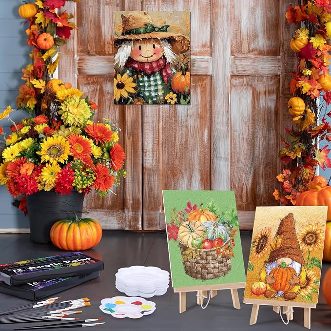 Cholemy 36 Pcs Paint and Sip Kit for Adults 8''x10'' Pre Drawn Canvas for Painting DIY Afro Acrylic Painting Kit Wood Easel Brushes Date Night Bulk for Father's Day Party Gifts(Fall Scarecrow)