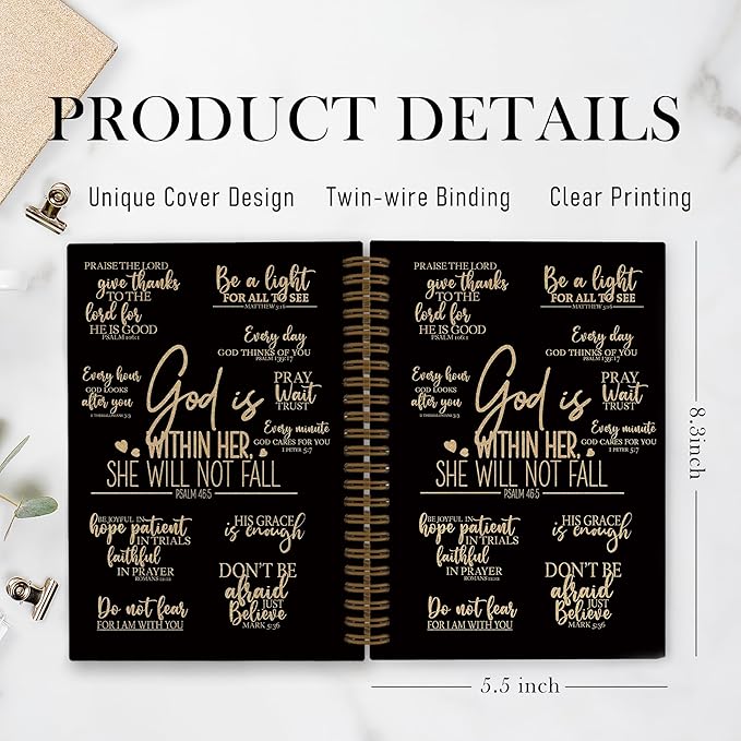 QLMX Black Gold Christian Prayer Spiral Notebook, Inspirational Religious Journal Notebook, Bible Notebooks for School Work, God Is Within Her She Will Not Fall Office Supplies Gifts, 5.5x8.3Inch