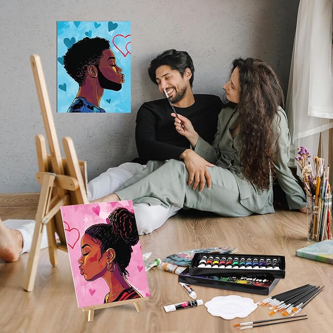 Cholemy 36 Pcs Paint and Sip Kit for Adults 8''x10'' Pre Drawn Canvas for Painting DIY Afro Acrylic Painting Kit Wood Easel Brushes Date Night Bulk for Father's Day Party Gifts(Couple)