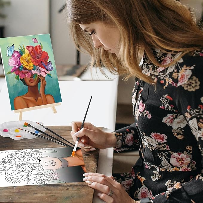 Cholemy 36 Pcs Paint and Sip Kit for Adults 8''x10'' Pre Drawn Canvas for Painting DIY Afro Acrylic Painting Kit Wood Easel Brushes Date Night Bulk for Father's Day Party Gifts(Flower Lady)