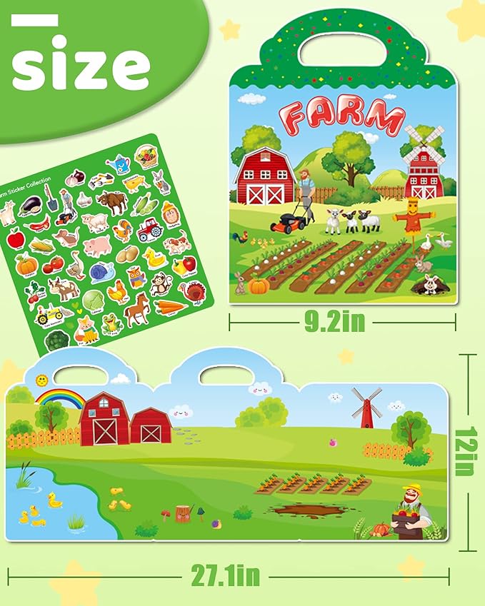 Benresive Reusable Sticker Book for Toddlers, Travel Stickers for Kids, Toddler Crafts Activities Toys, Birthday Gifts for Boys & Girls - Farm