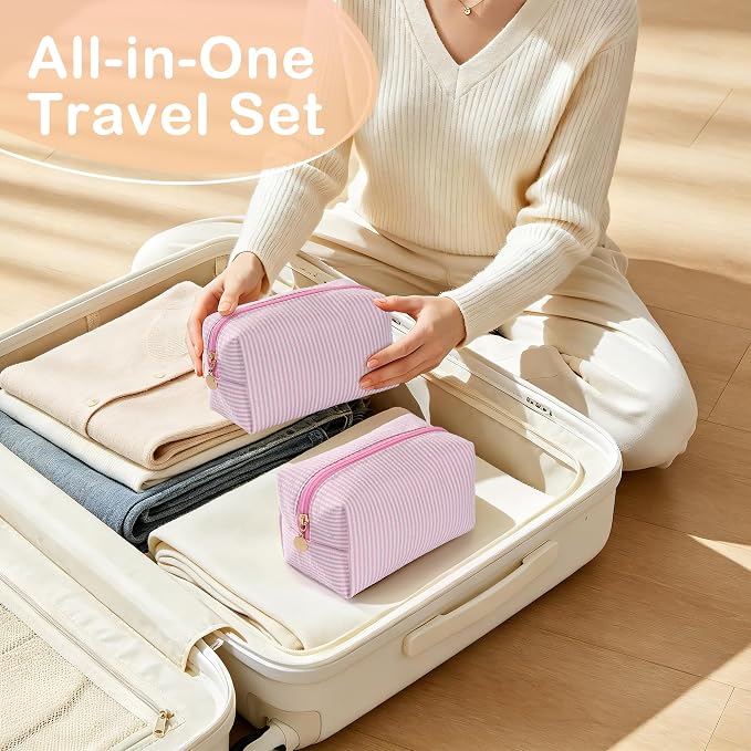 Makeup Bag Travel Toiletry Bag for Women, Small Cosmetic Bags Cute Pink Stripe Aesthetic Organizer Makeup Pouch for Purse Emergency Bag Pencil Case Accessory Bag