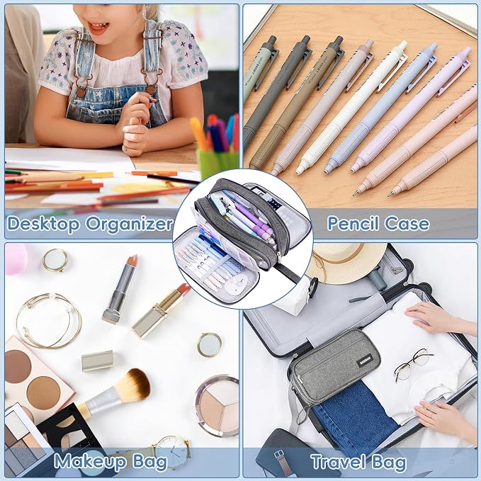 Pencil Case Large Capacity, 3 Compartment Gray Big Pen Pouch with Zipper | Durable Stationery Organizer, Portable Marker Pen Bag for Teens, College and High School Students, Adults and Teachers