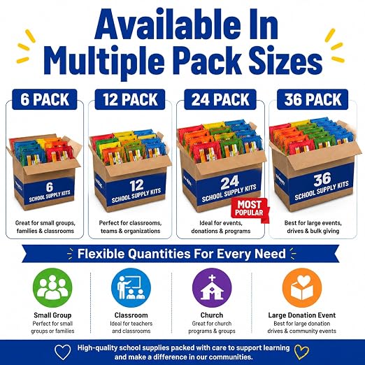 6 Pack Back to School Supplies Bundle Kit, Individually Packed School Supply Sets with Pens, Pencils, Crayons, Scissors & Glue Stick for Christmas Shoebox Donations and Classroom Use