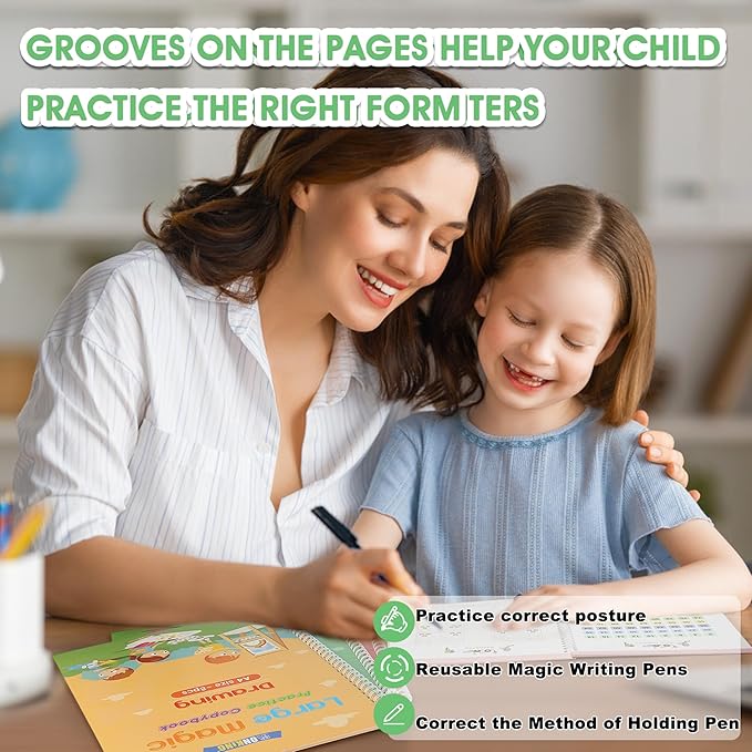 Monking Large Magic Practice Copybook for Kids,Handwriting Grooved Practice Book 6 Pack with Pen Refill English Cursive Calligraphy Reusable Age 3-8