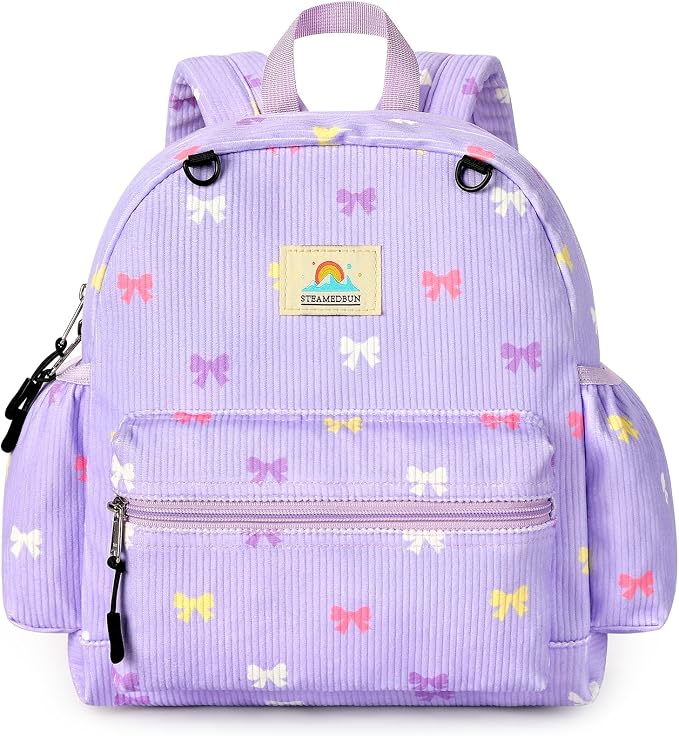 STEAMEDBUN Corduroy Toddler Backpack for Girls 2-4: Kids backpack for Girls - 12 inch Preschool Kindergarten Backpacks - Purple Bow