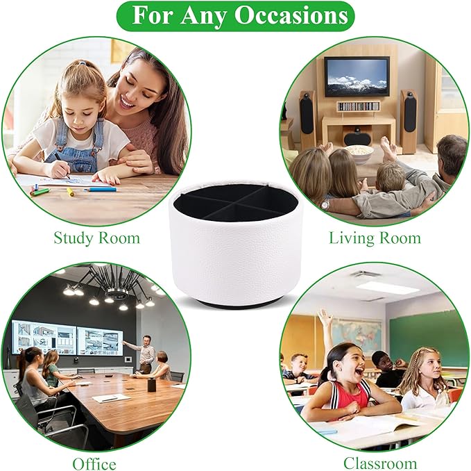 Round Leather Art Supply Organizer,Remote Control Holder,360 Degree Spinning,Multi-Functional Pencil Holder,4 Compartments Desktop Stationary Organizer(1-Lichee White)