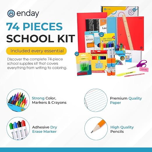 Enday 2nd and 3rd Grade School Supplies Kit - 74 Piece Back to School Supplies Kit, Premium Quality Kids School Supplies for Girls & Boys, Second & Third Grade Elementary School Supplies for Kids