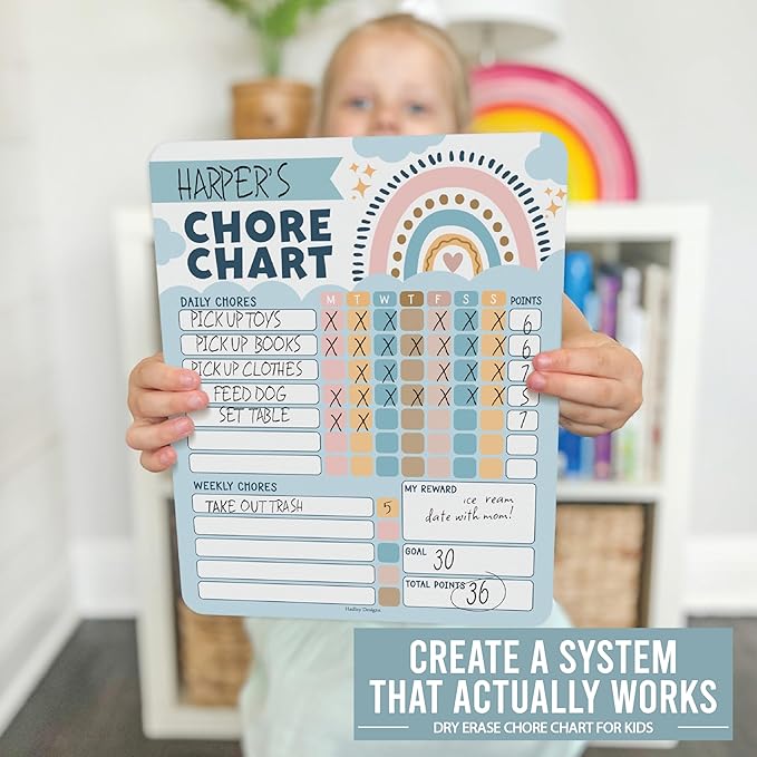 Hadley Designs Magnetic Chore Chart for Kids – Reward Chart for Kids, Dry Erase Responsibility Board for Children at Home, Fridge Behavior Tracker for Daily & Weekly Tasks, Boho Toddler Chore Board