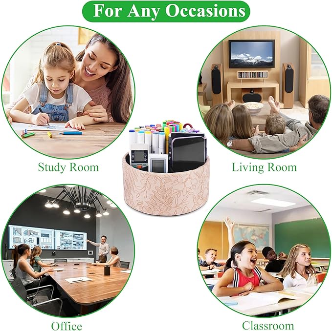 Remote Control Holder, 360°Spinning PU Leather Desk TV Remote Caddy,Desk Storage Box Room Accessories for Controller, Media,Mail,Calculator, Mobile Phone,Pencil(1-Carved Light Brown)