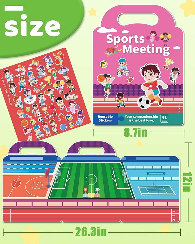 Benresive Reusable Sticker Book for Toddlers, Travel Stickers for Kids, Toddler Crafts Activities Toys, Birthday Gifts for Boys & Girls - Sports