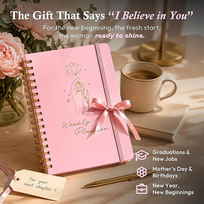 Undated Weekly Planner & Notebook for Work, School & Home — Aesthetic Hardcover Spiral Blank Planner with Habit Tracker, Goal Organizer & To Do List — 124 No-Bleed Pages, 6.4×8.5", Pink