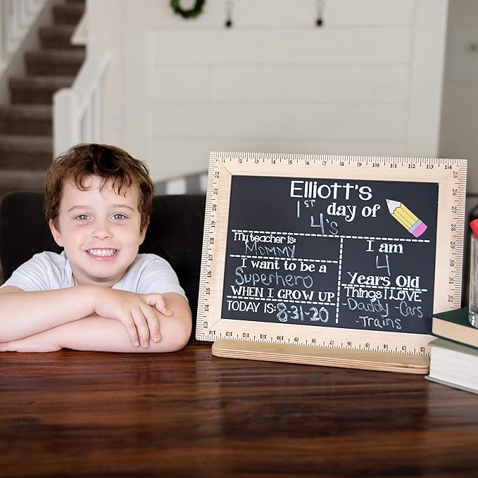 First Day of School Sign (15"x11.5"), Easy-to-Clean with Real Wooden Ruler Frame, Handmade in USA by Bloom Owl, Perfect for Back to School Framed Chalkboard, 1st Day of Kindergarten, Pencil Design
