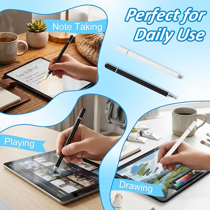 Stylus Pens for Touch Screens (2 Pcs), 2 in 1 Magnetic Disc & Fiber Tip Stylus Pen for iPad with Magnetic Cap, Compatible with All Touch Screens - Free Replacement Disc Tips, Black and White