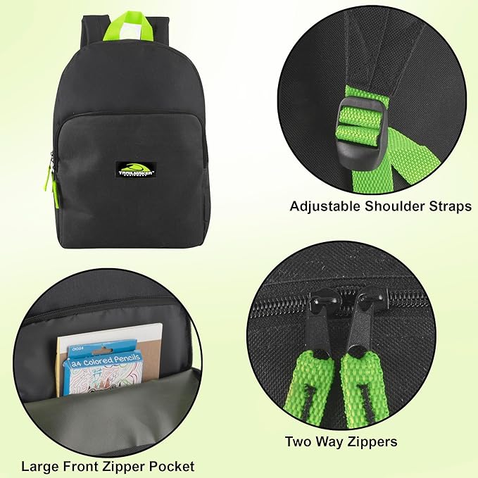 Trail maker 15 Inch Backpack for Kids, Preschool, Elementary & Middle School Students – Spacious Bookbag with Large Front Pocket, Adjustable Straps, Fits up to 13 Inch Laptop (Black Neon)