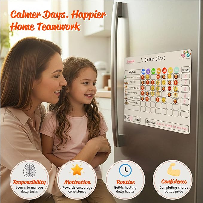 Mimi Doodle Magnetic Chore Chart for Kids – 16x12 Dry Erase Daily Responsibility Board for Fridge with 39 Chore tabs, 100 Reward Stickers – Behavior Chart for Kids at Home – Simple Theme