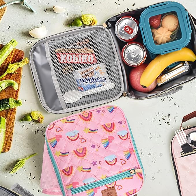 Genteen Kids Lunch Box Insulated Soft Mini Cooler with Bottle Holder, Lightweight Reusable Easy-Clean Lunch bag for Girls, Boys Back to School-Rainbow