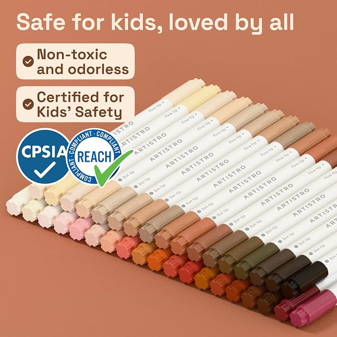 ARTISTRO 36 Skin Tones Dual-Tip Acrylic Paint Markers – Paint Pens Set with Dot & Fine Tips for Fabric, Rock, Glass, Wood, Coloring Books – Arts & Crafts Gift – Classroom Must Haves & School Supplies