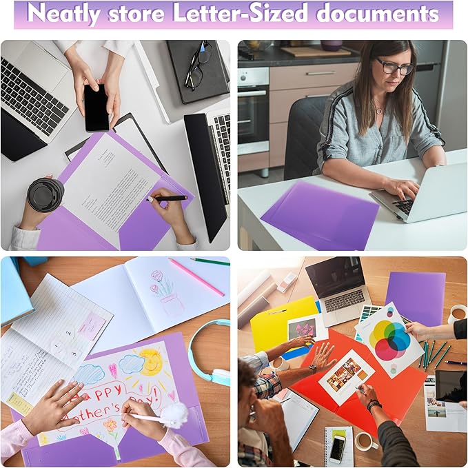 pmybupo 25Pack Purple Plastic Folders with Pockets,Durable Heavy Duty File Folders with Business Card Slot,2-Pocket Folder for Kids,Home,School,Office
