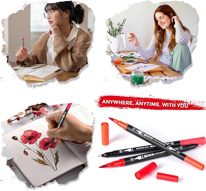 ZSCM Red Duo Tip Marker Pens, 12 Pack Fine & Brush Markers for Adult Coloring Books No Bleeding, Vibrant Red Markers for Holiday Cards, Bold Lettering, Attention-Grabbing Highlights and Logos